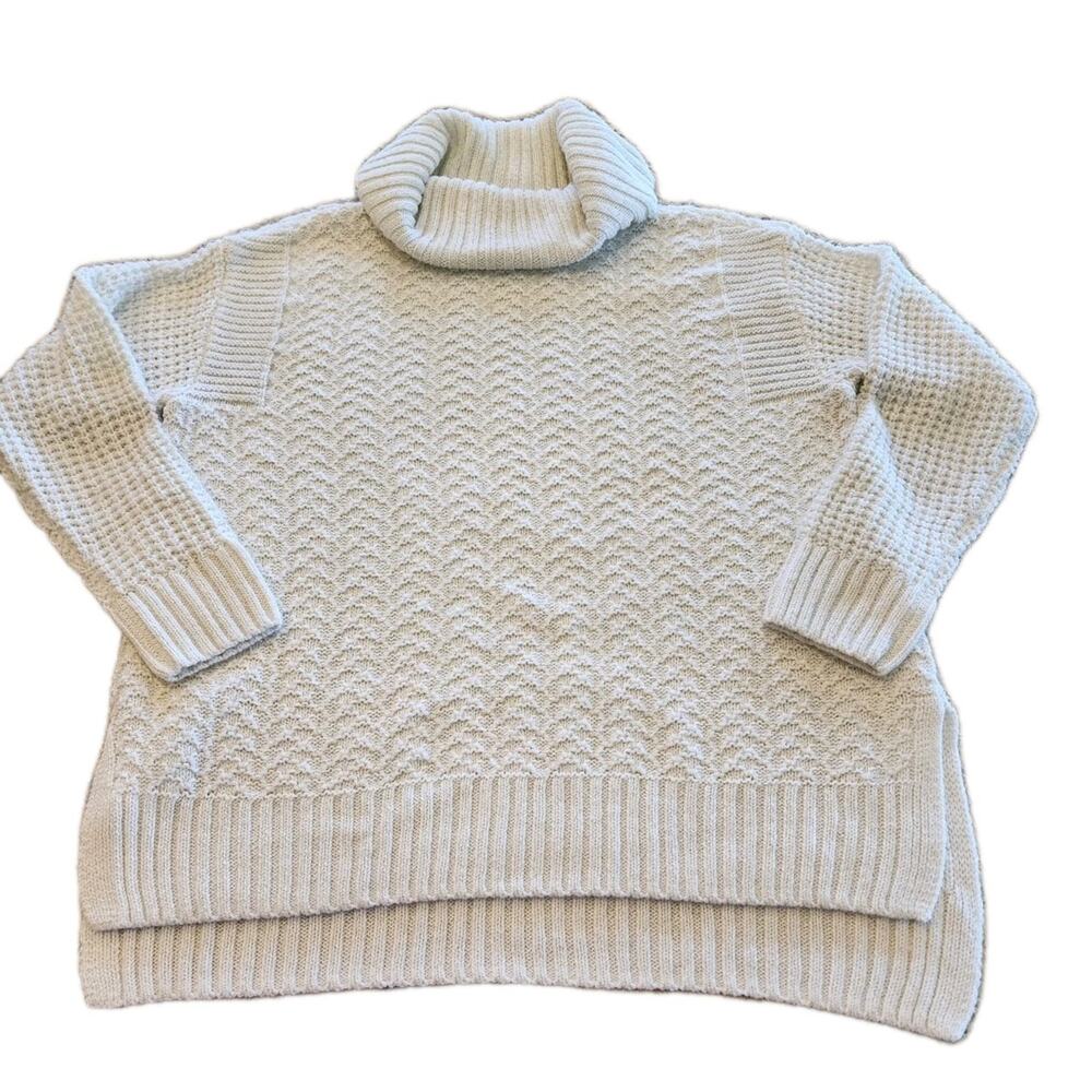 Christopher & Banks White turtleneck Tunic sweater Sz Large Chunky Knit Boxy VTG